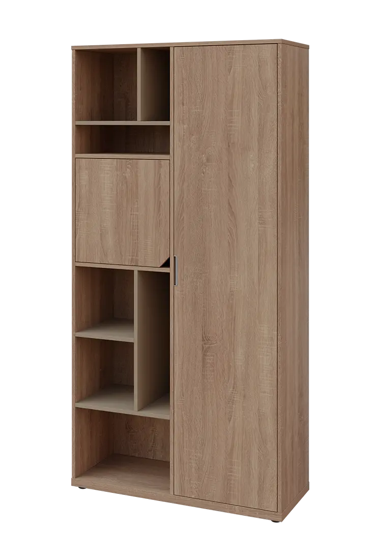 KSR6-83 P skříň šatní, 1x výsuvné ramínko, dvířka, niky, 2053x1022x400 mm, provedení pravé, korpus a dvířka dub bardolino/police latte